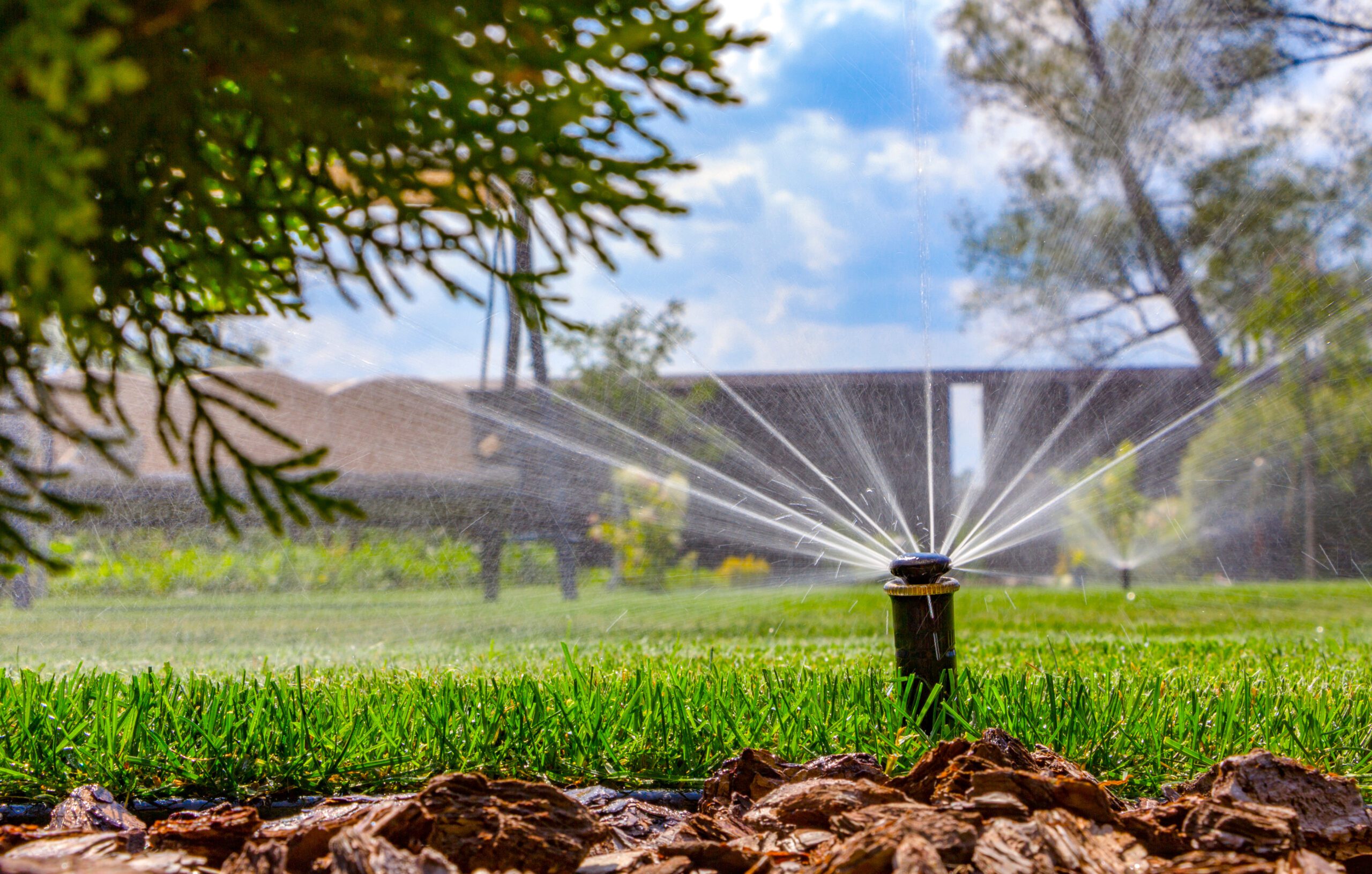 Automatic irrigation system on the background of green grass.