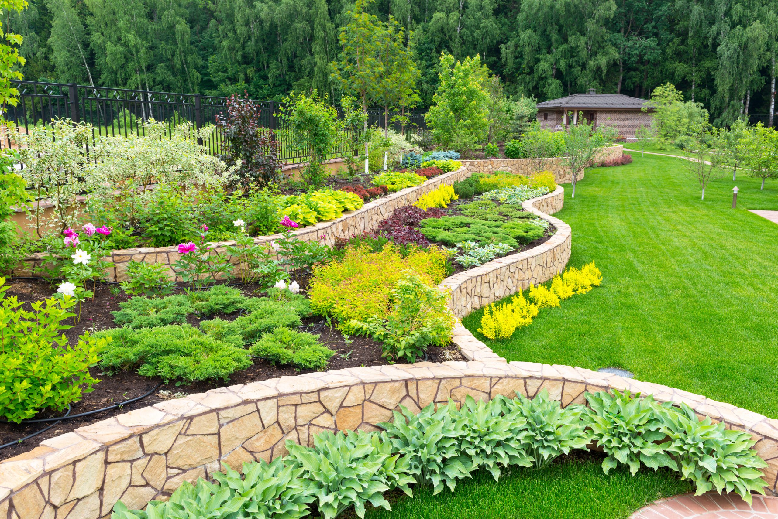 Natural stone landscaping in home garden